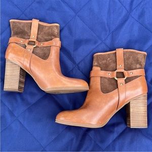 Ralph Lauren Women's Dylan Tan Leather Brown Suede Gold Ankle Bootie Shoe Size 7